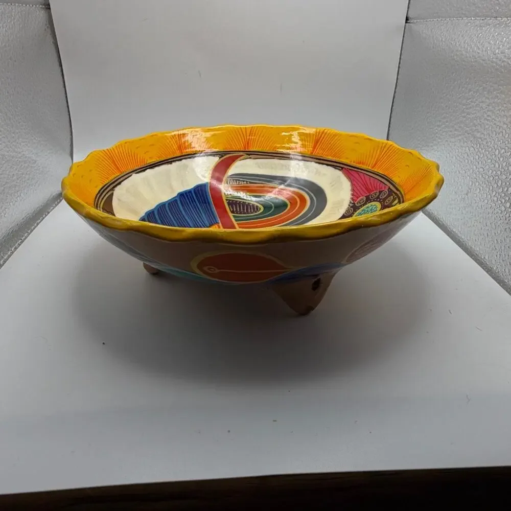 Art Pottery Scalloped Bowl Vintage Mexican Folk Art Hand Painted Bird Motif 10